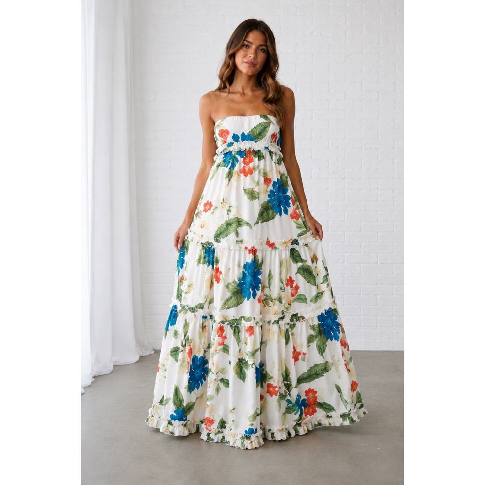 Runaway The Label Daria Floral Strapless Maxi Dress Women’s Medium Tiered Ruffle